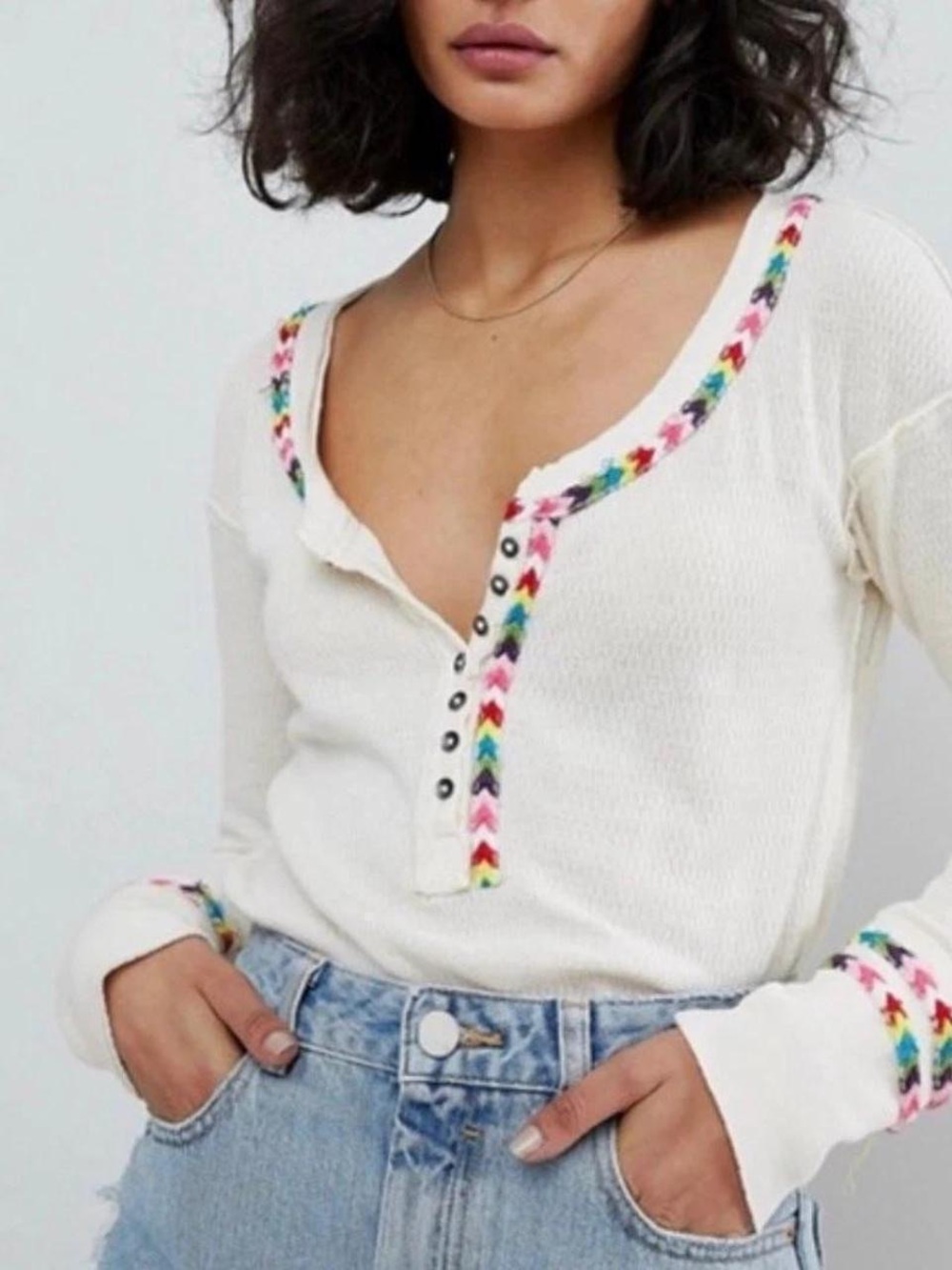 Free People Cream Waffle Knit Henley with Rainbow Chevron Trim